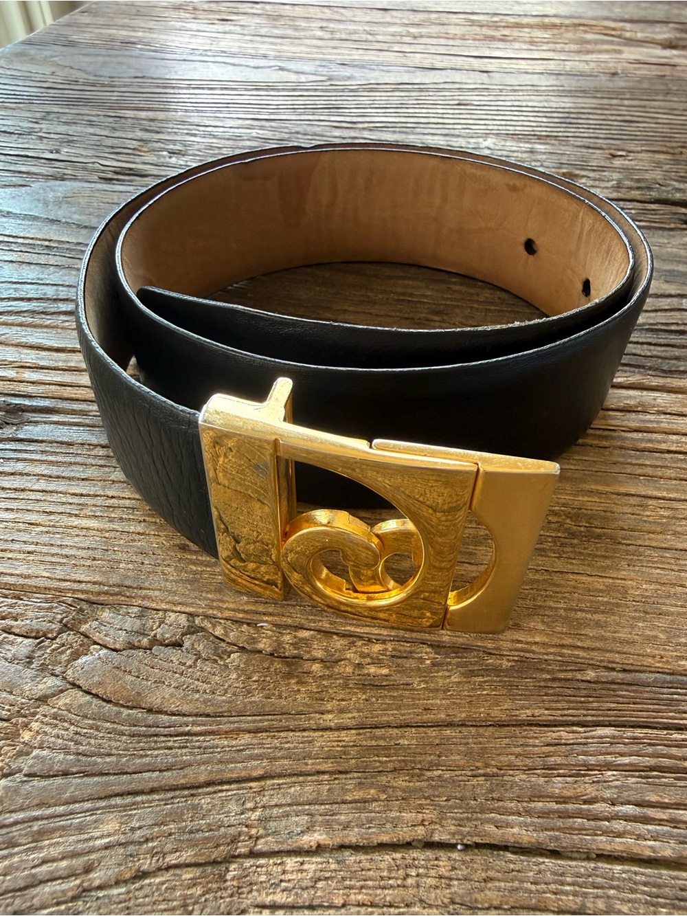 Woman’s Vintage Pierre Cardin Black Leather Calf Belt with Gold Buckle size 36